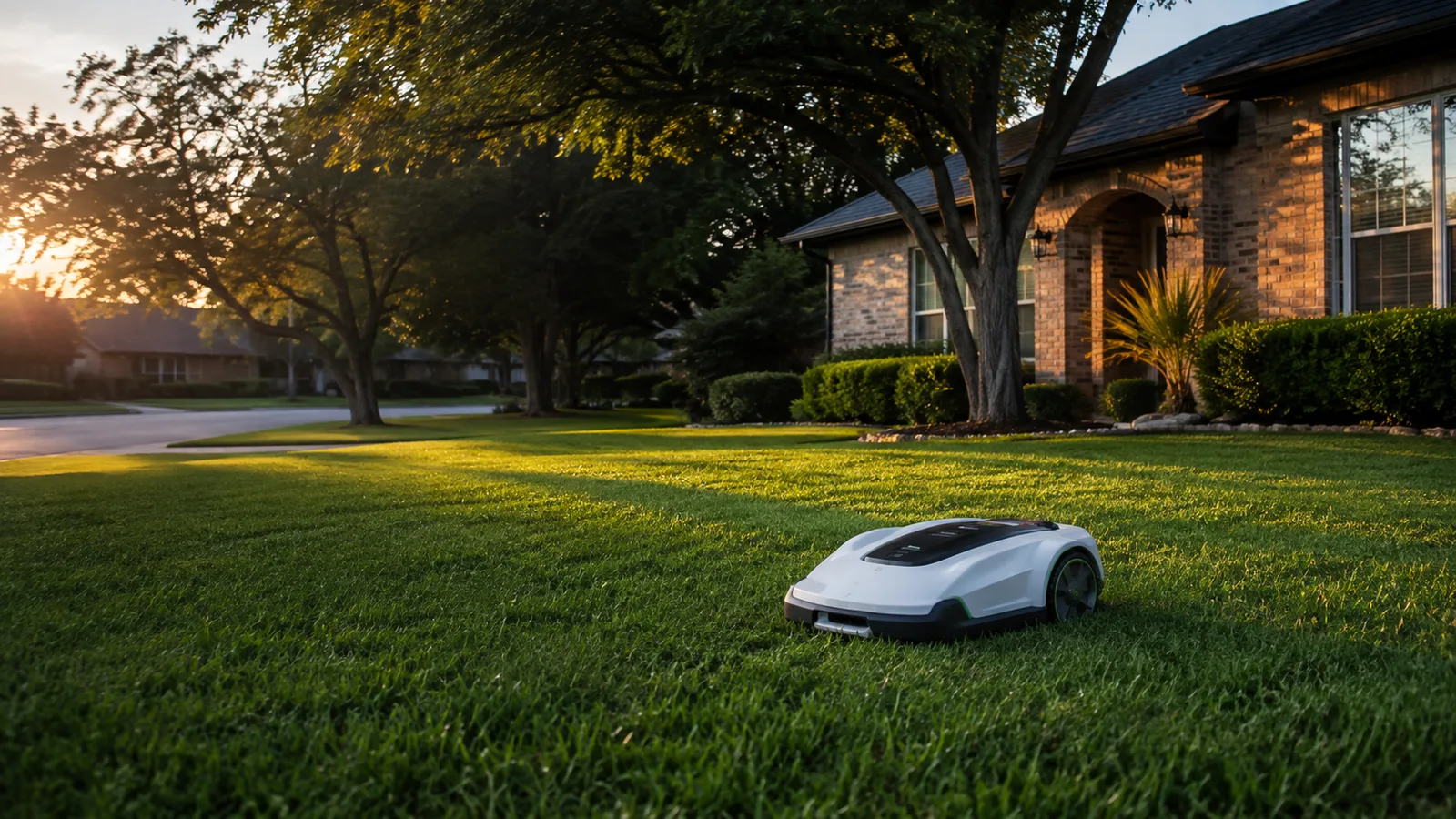A compact robotic mower maintaining a green suburban lawn at sunset