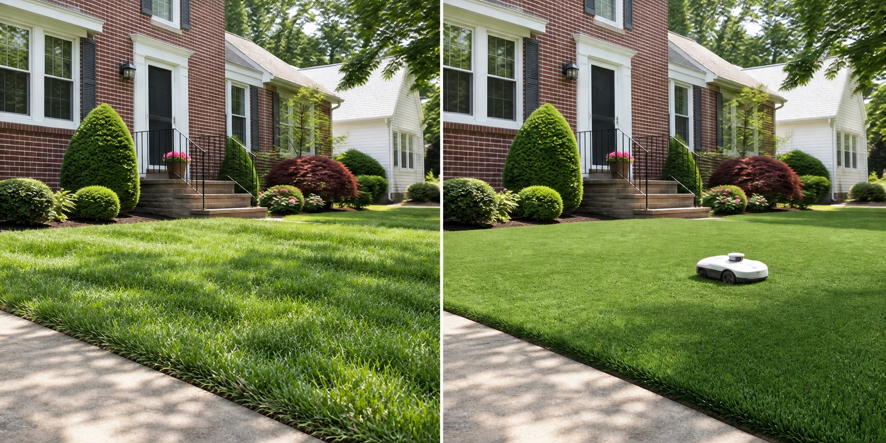 The same lawn shown taller by the end of a weekly cycle and consistently maintained by a robotic mower